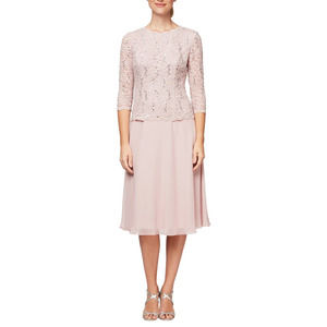 ALEX EVENINGS Sequin Lace Tea-Length Dress 6 Shell Pink Chiffon Skirt NWT